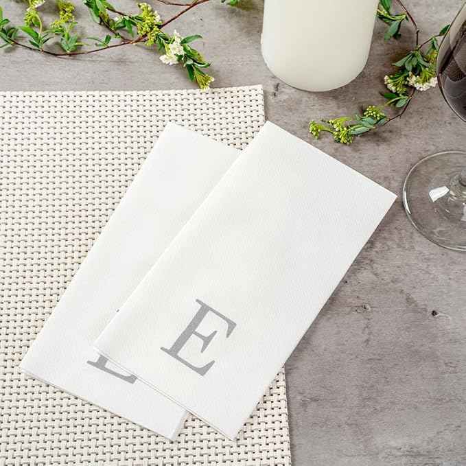 Luxenap 15.8 X 7.9 Inch Linen-Feel Guest Towels, 50 Lettered Hand Towels - Silver Letter 'E', Sans Serif Font, White Paper Dinner Napkins, airlaid, For Restrooms And Tables - Restaurantware