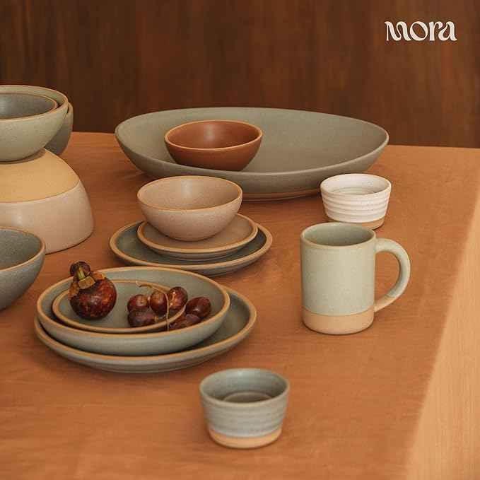 MORA Mega and Giant Serving Dishes Set of 2, 16 inch and 14 inch Ceramic Pottery Oval Platters - Microwave, Oven and Dishwasher Safe - Thyme & Mushroom