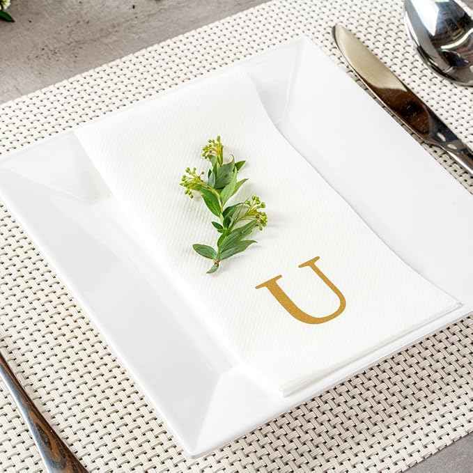 Luxenap 15.8 X 7.9 Inch Linen-Feel Guest Towels, 50 Lettered Hand Towels - Gold Letter 'U', Sans Serif Font, White Paper Dinner Napkins, airlaid, For Restrooms And Tables