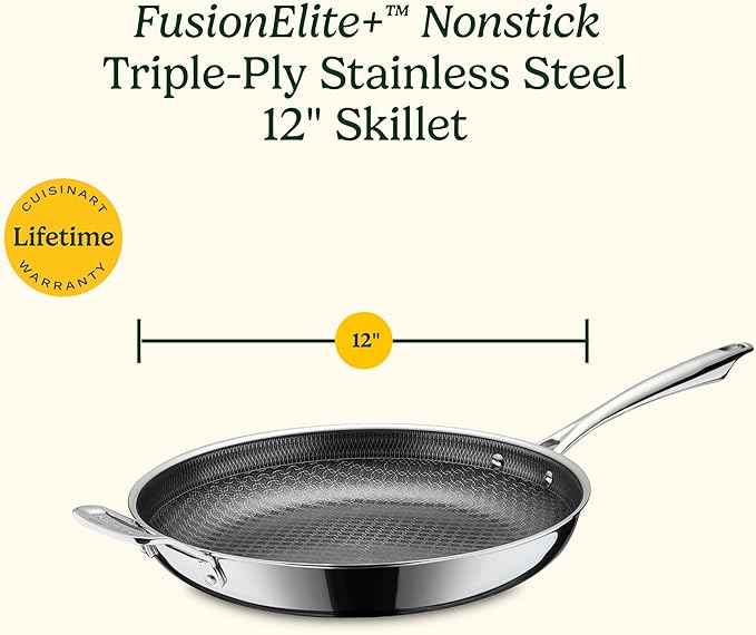 Cuisinart FusionElite+ Hybrid Nonstick Tri-Ply Stainless Steel Skillet, 12″ Skillet Frying Pan with Helper, PURELYSEAR Ceramic Nonstick Technology, Scratch Proof, Cool Grip Handles, Dishwasher Safe