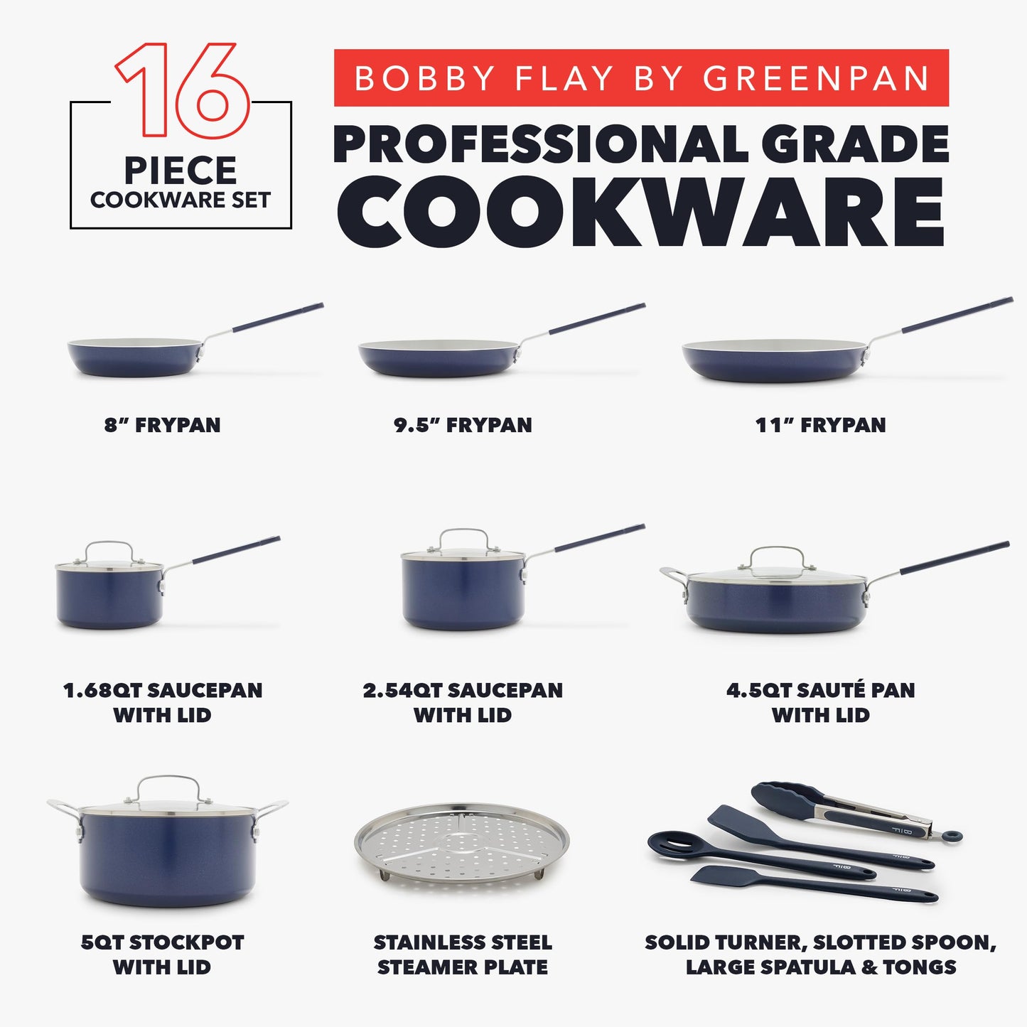 X Bobby Flay 16 Piece Ceramic Nonstick Cookware Set (16 Piece Cookware Set / Navy Blue)