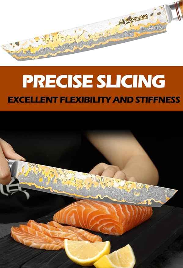 YOUSUNLONG Sashimi Slicing Knife - 8 Inch Sujihiki Yanagiba Knife - Super Sharp Slice - Japanese Handmade Copper Damascus Steel Blade - Naturel Burl Wooden Handle with Leather