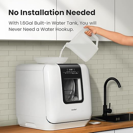 COMFEE' Countertop Dishwasher, Portable Dishwasher with 6L Built-in Water Tank, Mini Dishwasher with More Space Inside, 7 Programs, UV Hygiene& Auto Door Open, for Apartments, Dorms& RVs, White