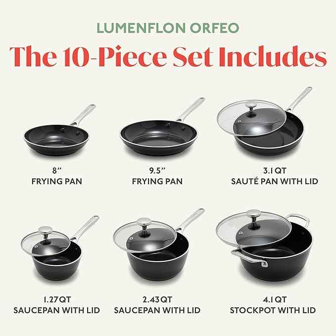 Orfeo 10 Piece Nonstick Cookware Set, Made in Italy, Diamond Ceramic PFAS-Free Pots & Pans, Induction Ready, Scratch Resistant, Laser-Fused Surface for Durability, Dishwasher Safe, Black