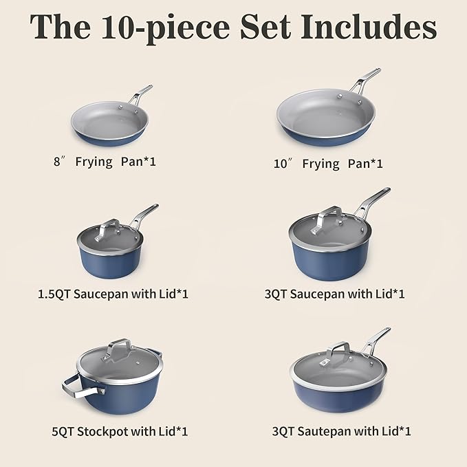 10-Piece Ceramic Nonstick Cookware Set with Lids - PFAS/PTFE/PFOA-Free, Interior & Exterior Ceramic Coating -Easy to Clean- Kitchen Storage-All Stovetop Compatible & Oven-Safe up to 480°F