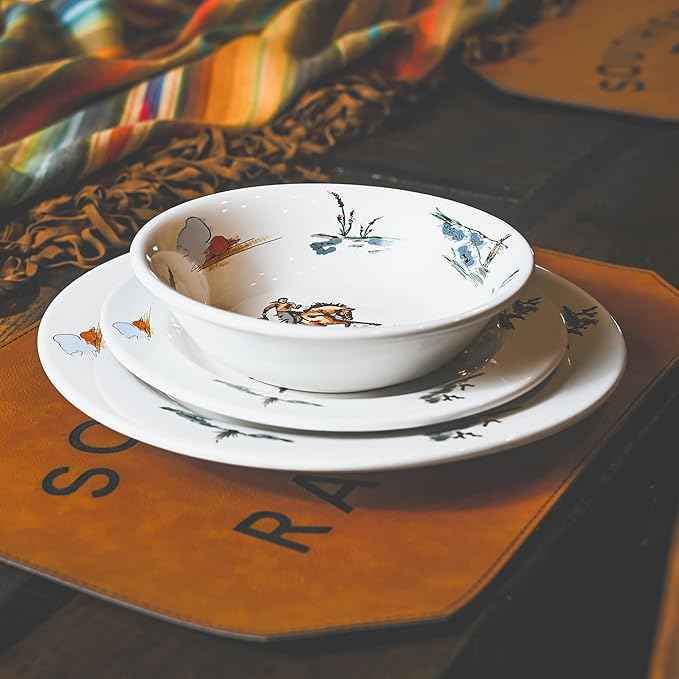 Paseo Road Ranch Life 16 Piece Ceramic Dinnerware Set with Plates, Bowls, Coffee Mugs, Duffle Bag, Cow Longhorn Horse Cowboy Pattern, Southwestern Rustic Cabin Lodge Style