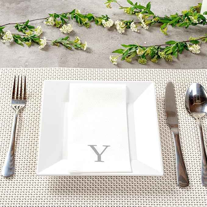 Luxenap 15.8 X 7.9 Inch Linen-Feel Guest Towels, 50 Lettered Hand Towels - Silver Letter 'Y', Sans Serif Font, White Paper Dinner Napkins, airlaid, For Restrooms And Tables - Restaurantware