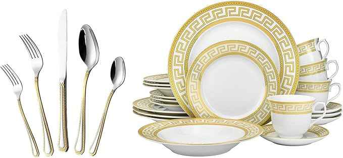 HOMEHUT 40 Pieces Vintage Gold Dinnerware and 18/10 Premium Stainless Steel Silverware Flatware Set - Greek Key Gold HQ Fine China Tableware Service for 4 People