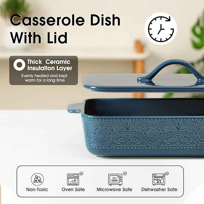 Casserole Dish with Lid, Ceramic 9x13 Casserole Dish for Oven, Rectangular Bakeware, Large Baking Dish with Handles for Holiday Cooking, Roasting, Baking, Oven & Microwave Safe (Blue)
