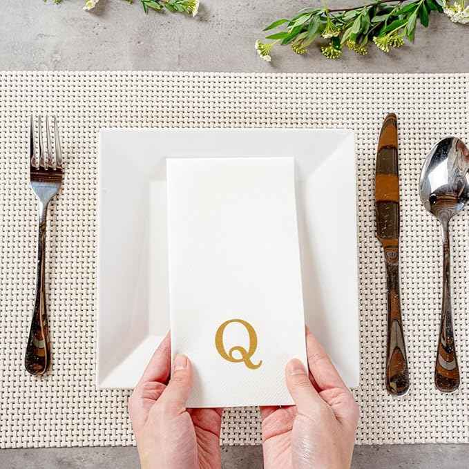 Luxenap 15.8 X 7.9 Inch Linen-Feel Guest Towels, 50 Lettered Hand Towels - Gold Letter 'Q', Sans Serif Font, White Paper Dinner Napkins, airlaid, For Restrooms And Tables