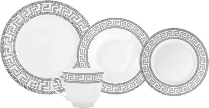 Dinnerware Set for 8-49 Piece Vintage Porcelain Dish Set - White and Silver Greek Key Design - Luxurious Tableware - For Everyday Use or Formal Occasions (Meander Silver 2049)