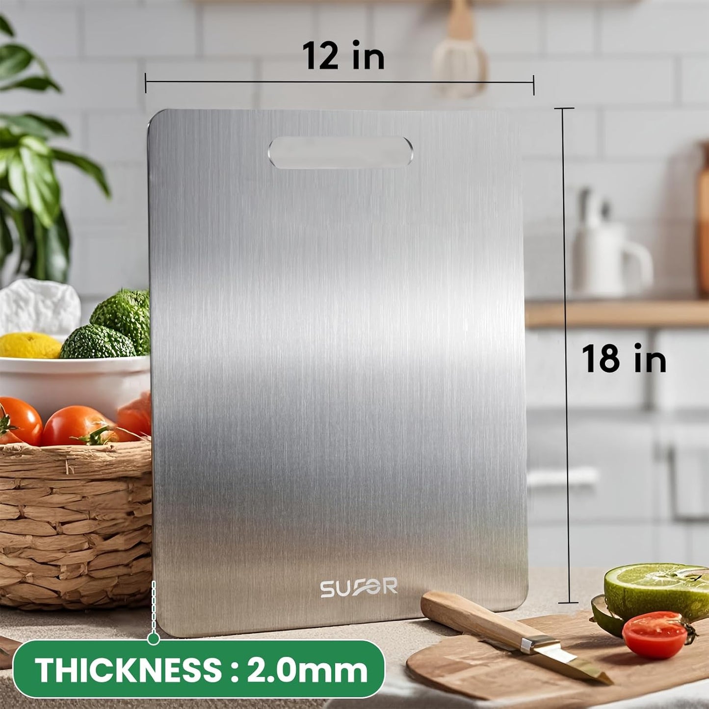 2 Pack Titanium Cutting Board, 100% Pure Titanium Cutting Boards For Kitchen, Non-Slip Chopping Board, Dishwasher Safe, Easy to Clean, Durable & Hygienic for Meat, Vegetables, Fruits (18 * 12)
