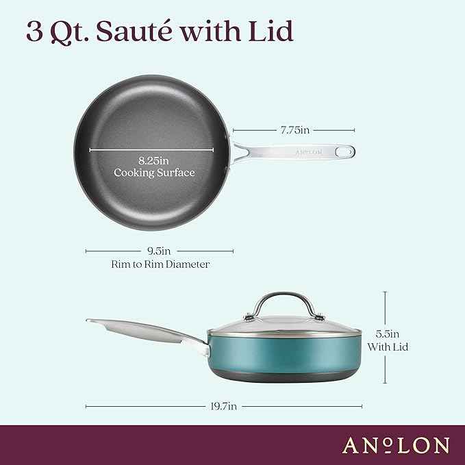 Anolon Achieve Hard Anodized Nonstick Sauté Pan with Lid, 3 Quart - Teal