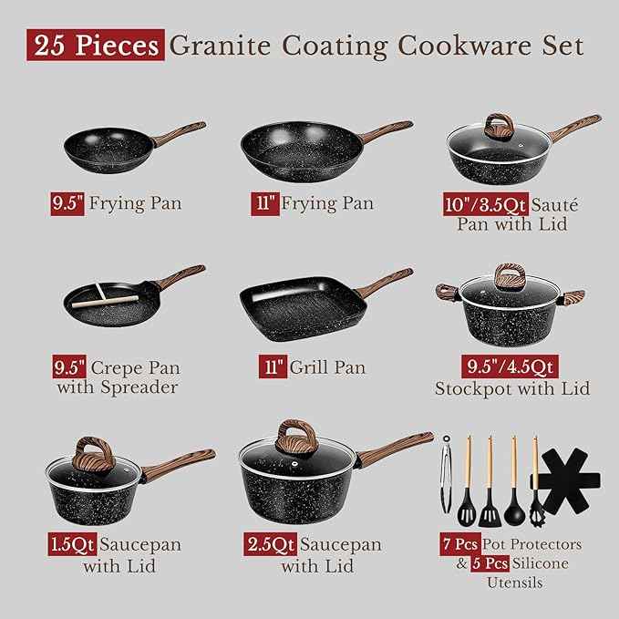 EWFEN 25 Pcs Pots and Pans Set, Nonstick Ceramic Cookware Sets, Healthy Non-Toxic, Large Capacity, Induction Compatible, Cooking Set with Frying Pans & Saucepans, PFAS/PTFE/PFOA Free, Classic Black