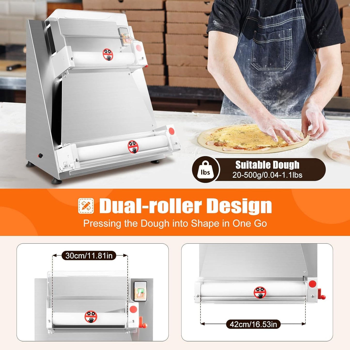 Pizza Dough Roller Sheeter, 4-15.7 Inch Automatic Commercial Pizza Press, 370W Electric Dough Roller, Stainless Steel Thickness Adjustable Dough Machine Pasta Maker - About 5S/Dough