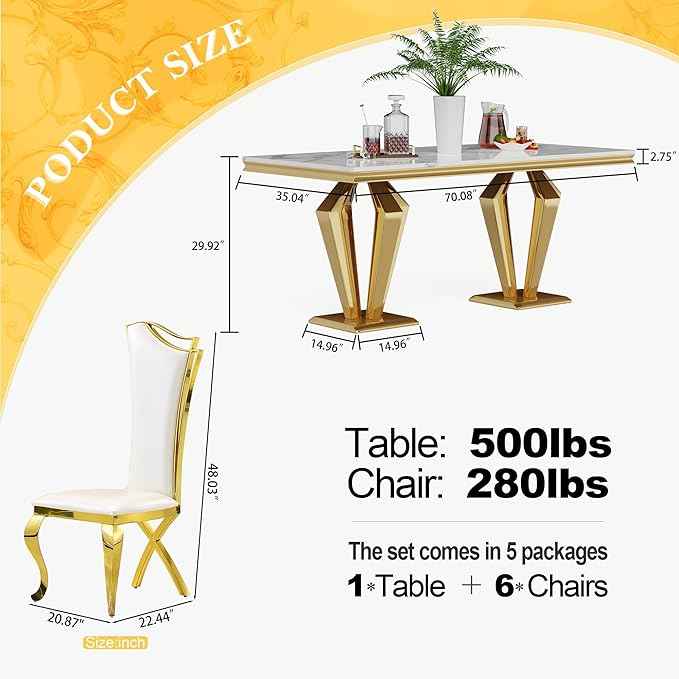 AF ARTISAN FURNITURE 7 Piece Luxury Dining Room Set, Modern Dining Table and Upholstered Chairs Set, Marble Kitchen Table Set for 6, Big Kitchen Dinner Tables Kit with Silver Base