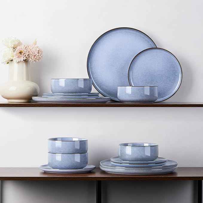E-far 6-Piece Reactive Glaze Dinnerware Sets, Ceramic Dishes Set for 2, Stoneware Plates and Bowls Dinning Ware, Microwave & Dishwasher Safe - Ocean Blue