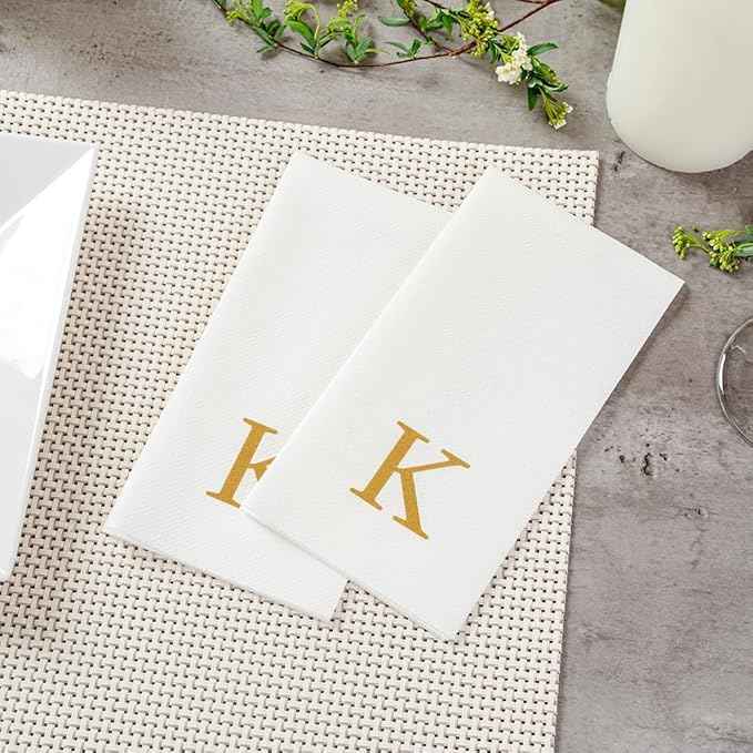Luxenap 15.8 X 7.9 Inch Linen-Feel Guest Towels, 2000 Lettered Hand Towels - Gold Letter 'K', Sans Serif Font, White Paper Dinner Napkins, airlaid, For Restrooms And Tables