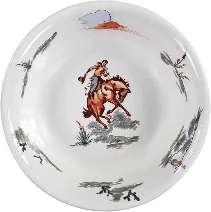Paseo Road Ranch Life 16 Piece Ceramic Dinnerware Set with Plates, Bowls, Coffee Mugs, Duffle Bag, Cow Longhorn Horse Cowboy Pattern, Southwestern Rustic Cabin Lodge Style