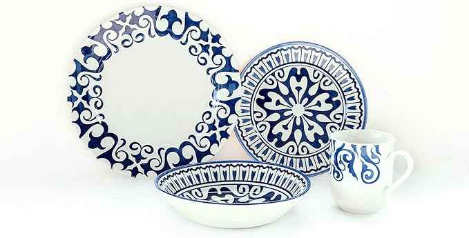 Tudor Royal Collection 24-Piece Premium Quality Round Porcelain Dinnerware Set, Service for 6 - HENNA BLUE, See 10 Designs Inside
