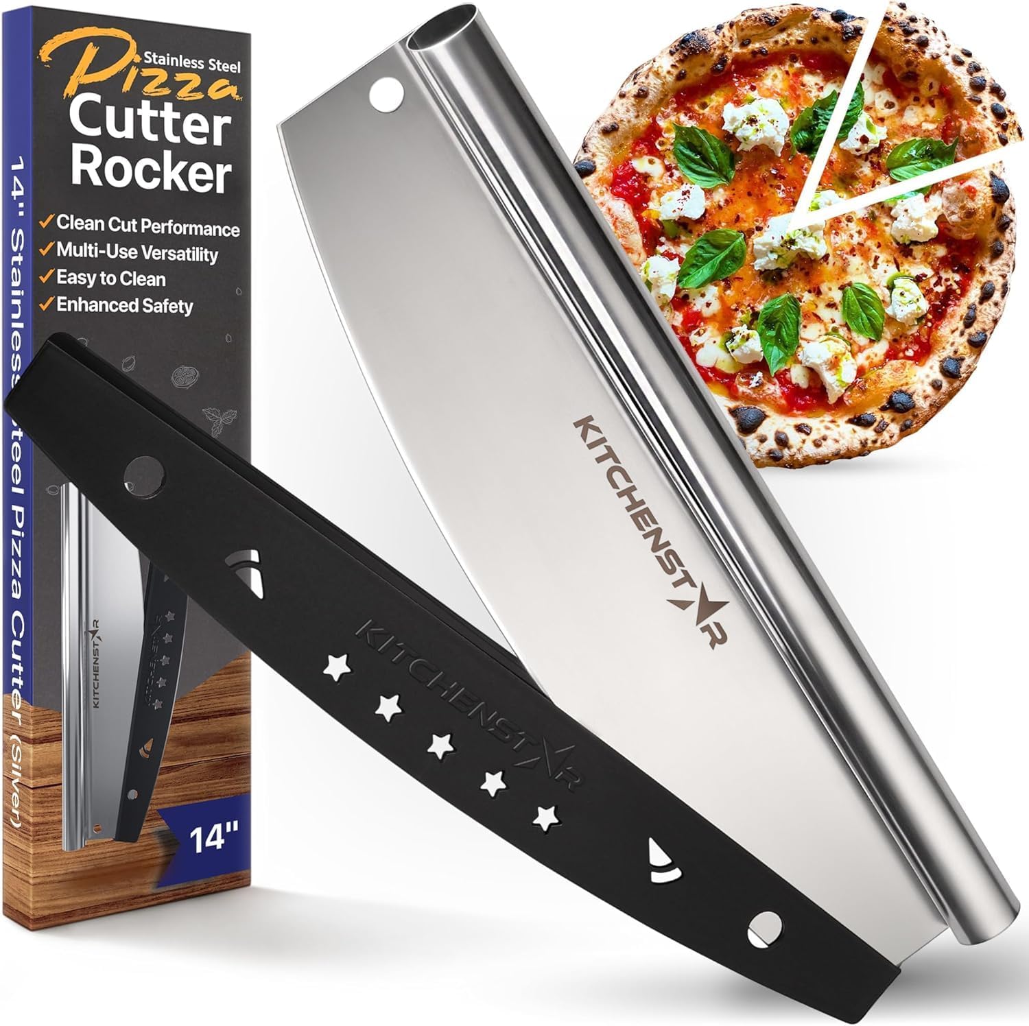 KitchenStar 14-Inch Pizza Cutter Rocker Blade - Sharp Stainless Steel Slicer Knife, Protective Cover, Dishwasher Safe, Large - Professional Pizza Oven Accessories - HomeSpice
