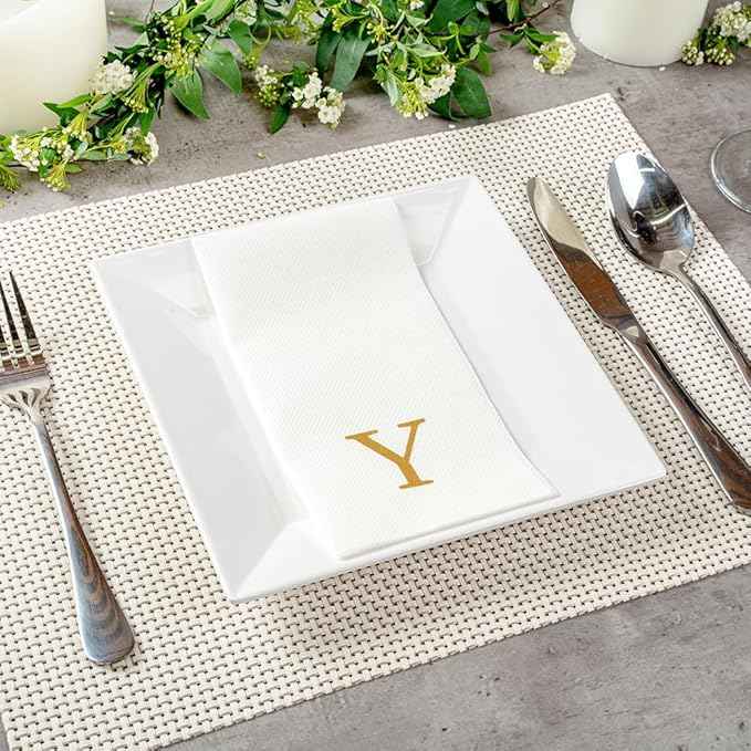 Luxenap 15.8 X 7.9 Inch Linen-Feel Guest Towels, 50 Lettered Hand Towels - Gold Letter 'Y', Sans Serif Font, White Paper Dinner Napkins, airlaid, For Restrooms And Tables - Restaurantware