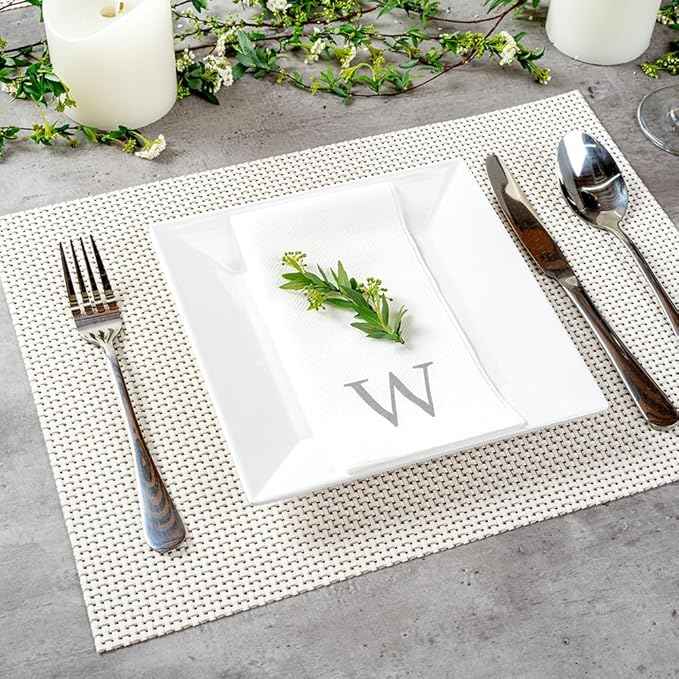 Luxenap 15.8 X 7.9 Inch Linen-Feel Guest Towels, 50 Lettered Hand Towels - Silver Letter 'W', Sans Serif Font, White Paper Dinner Napkins, airlaid, For Restrooms And Tables - Restaurantware