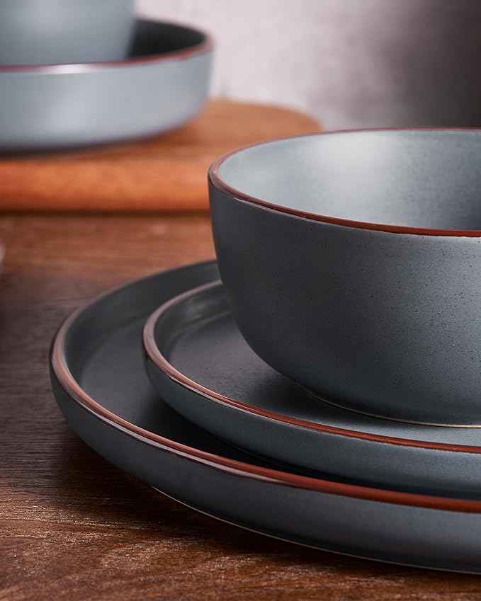 Famiware Mercury Dinnerware Sets with Mugs, Service for 6 (24 Pieces), Stoneware Plates and Bowls Sets, Microwave and Dishwasher Safe Dishes Set, Charcoal