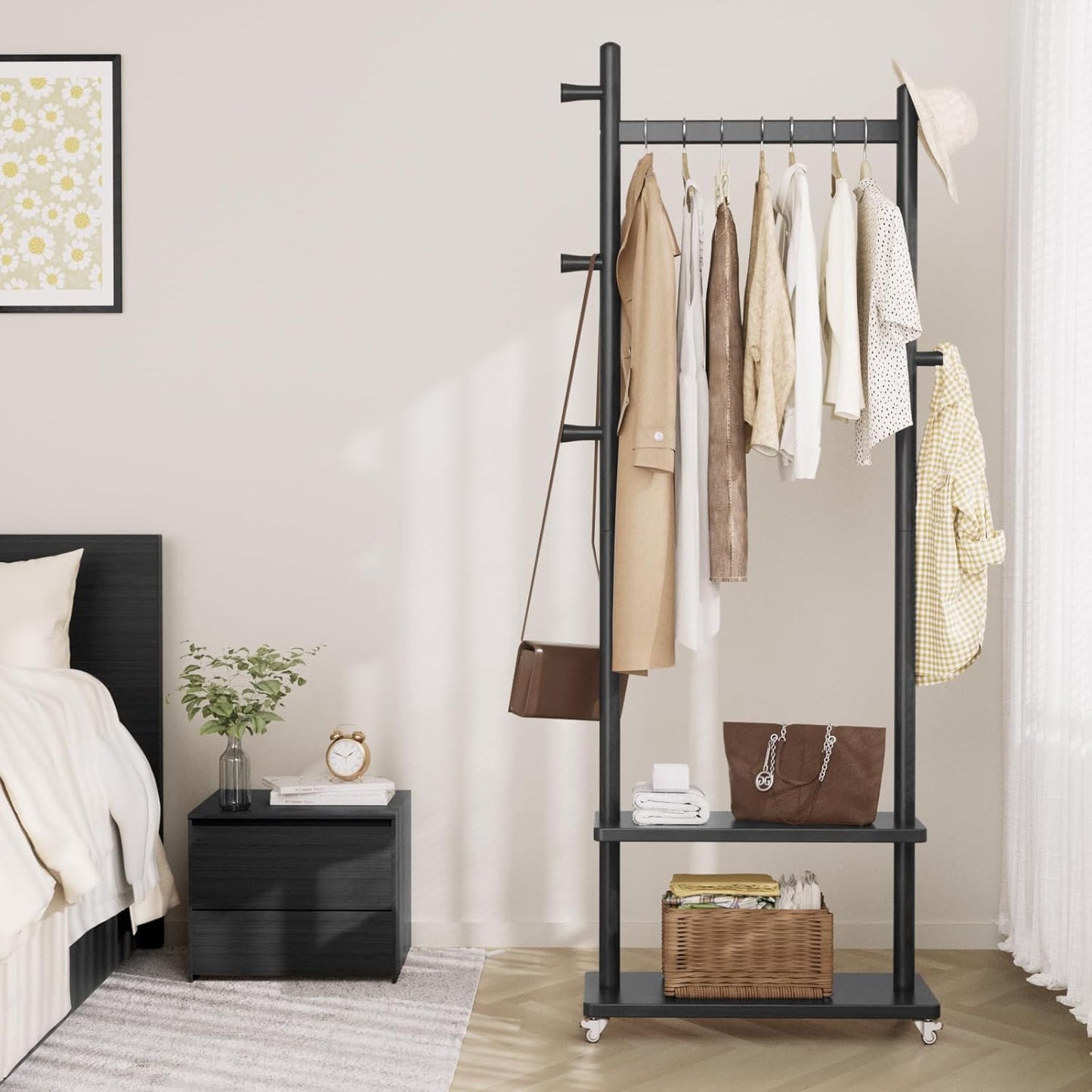 Coat Rack Freestanding Clothing Rack with Wheels & 2 Shelves Storage & 5 Hooks Heavy Duty Clothes Rack Wood Coat Tree Stand Hat Hanger Rack for Corner Bedroom Entryway Living Room Hotel Size L