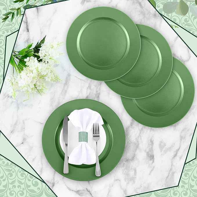 Tanlade 12 Pcs 13 Inch Charger Plates Bulk Round Wedding Chargers Plastic Dinner Plates for Table Setting Wedding Party Decoration (Green)