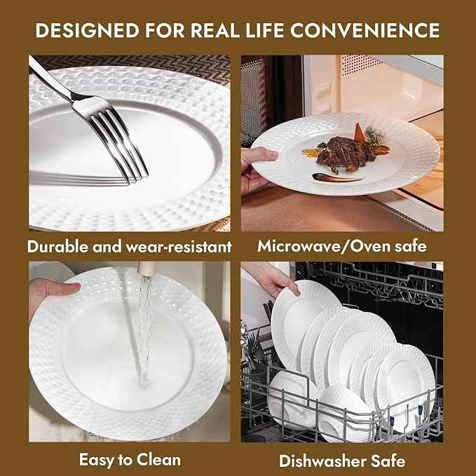 KINGSTONE 24-piece Bone China Dinnerware Set and 40-piece silverware, White Lightweight Porcelain for 8, Plates, Bowls with matching flatware, Microwave and Dishwasher Safe, for Family, Gifting