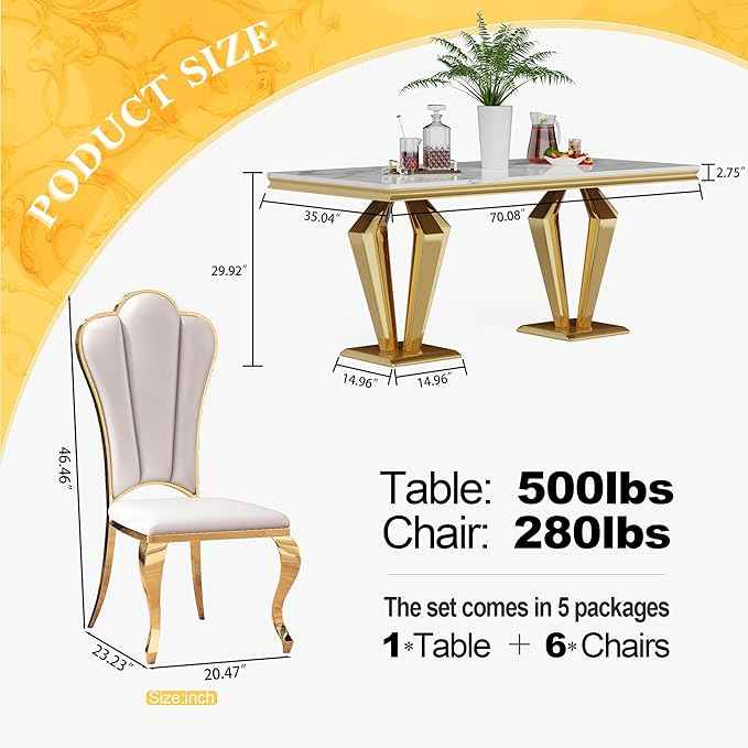 AF ARTISAN FURNITURE 7 Piece Luxury Dining Room Set, Modern Dining Table and Upholstered Chairs Set, Marble Kitchen Table Set for 6, Big Kitchen Dinner Tables Kit with Gold Base