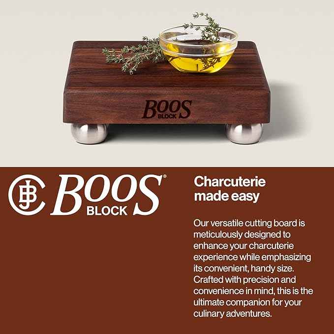 John Boos B Series Square Wooden Walnut Cutting Board 12”x12” – 1.5” Thick, 5-lb Non-Reversible Butcher Block with Stainless Steel Bun Feet & Edge-Grain