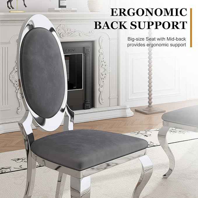Modern Dining Chairs Set of 4, Luxury Velvet Upholstered Armless Dining Room Chair with Mirrored Stainless Steel Silver Legs, Mid Century Accent for Wedding Party Banquet Reception, Grey
