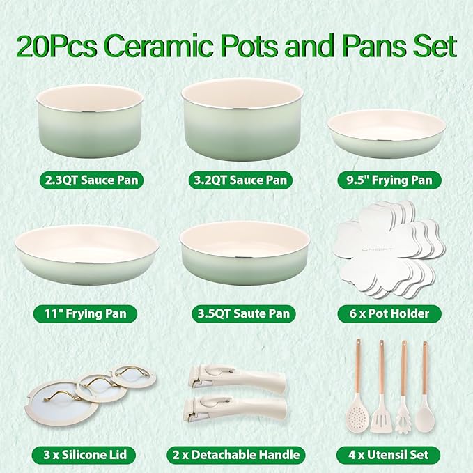 ONGIFT 20pcs Ceramic Cookware Set Nonstick, Detachable Handle Pots and Pans Set, Non Toxic,No PFAS & PTFE & PFOA, Dishwasher/Oven Safe, RV Kitchen Set Removable Handle for Cooking, Green