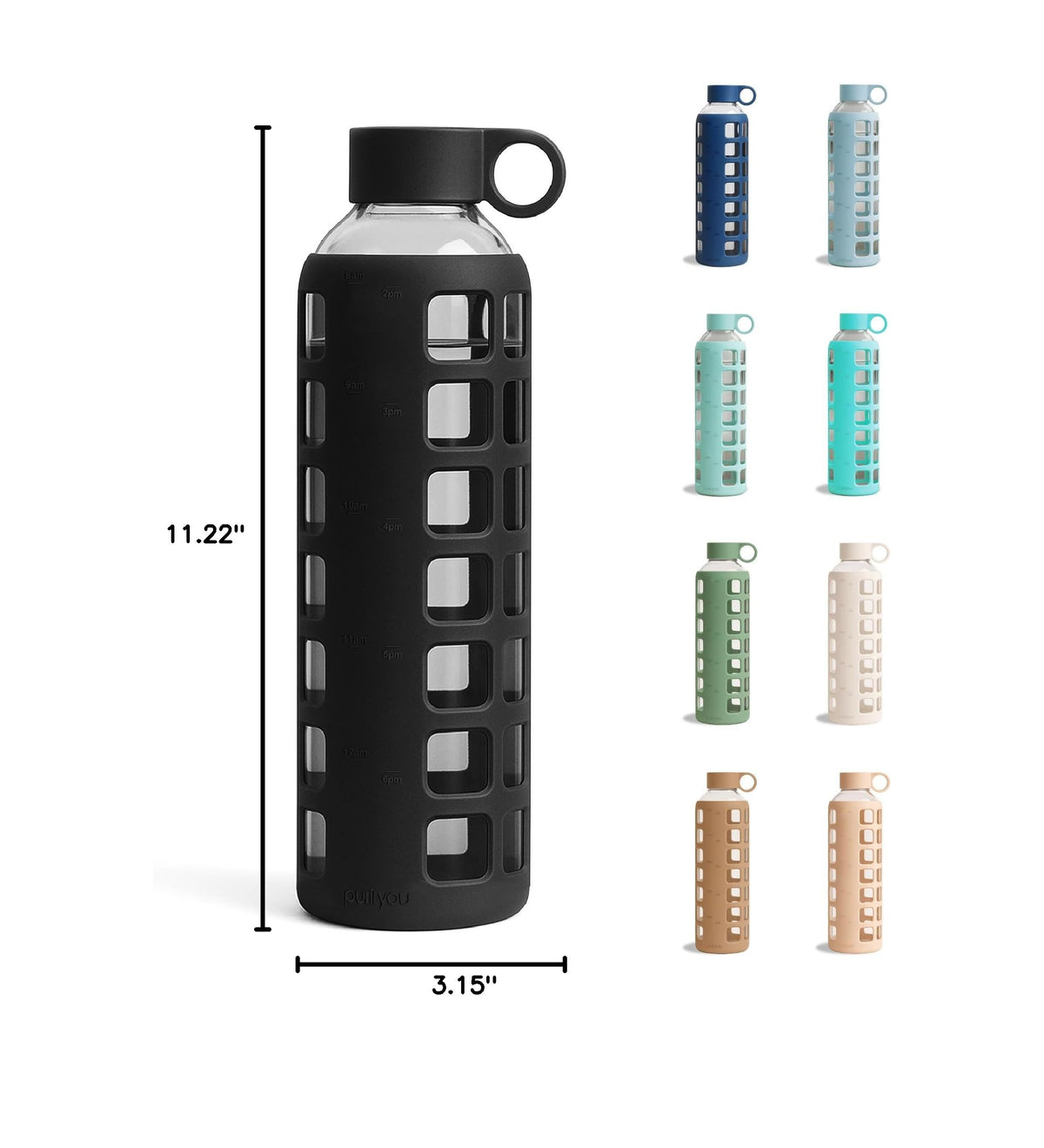 40oz / 32oz / 22oz / 12oz Borosilicate Glass Water Bottle with Time & Volume Markers, Silicone Sleeve, Stainless Steel Lid | Reusable Glass Bottle for Water & Juice (32oz Jet Black) (Jet Black (1 Count) / 32 Ounces)