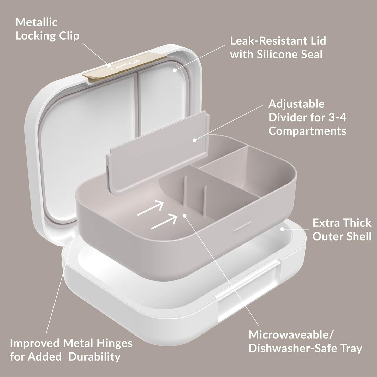 Bentgo Modern - Adult & Teen Bento Lunch Box; 3-4 Compartments, Leak-Resistant, 5.5 Cup Capacity/44 fl oz, Improved Locking Clips, Reusable, BPA-Free, Dishwasher/Microwave Safe Tray (White)