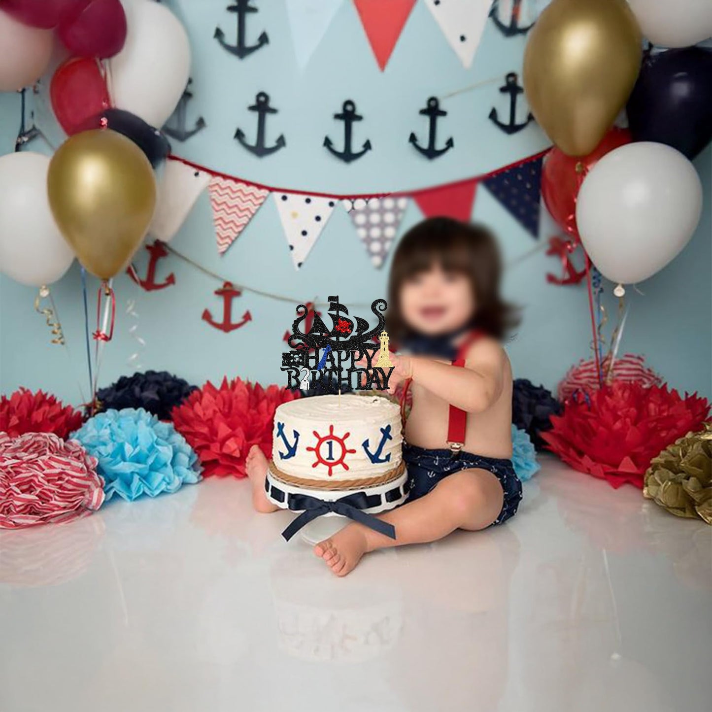 1Pcs Pirates Happy Birthday Cake Topper Pirate Ship Nautical Cake Pick for Pirates Theme Baby Shower Birthday Party Cake Decorations Supplies Gold (Gold 5)