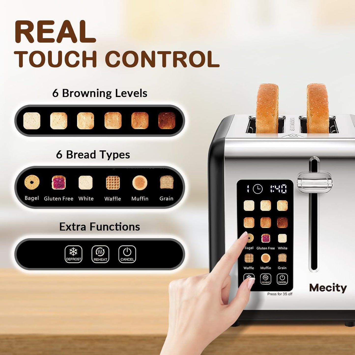 Mecity 2 Slice Touch Screen Toaster, 1.5" Wide Slot, Stainless Steel Smart Toaster for Bagels, Muffins, Waffles, Gluten-Free Breads, Defrost, Reheat, Timer, 120V 825W, Matt Black