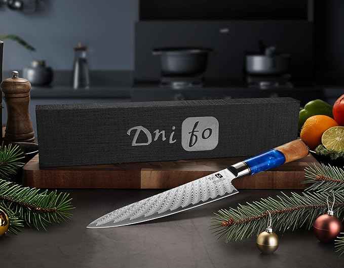 Damascus Chef Knife 8 Inch, Japanese Handcrafted Sharp Kitchen Knife with 67-Layer Damascus Steel & VG10 Core, Blue Resin & Natural Birch Wood Handle, Ideal Gift for You & Your Beloved