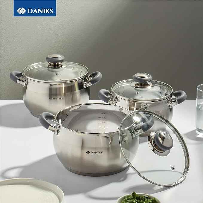 Daniks Modern 6-Piece Stainless Steel Cookware Set with Glass Lids, Tri-Ply Bases for Even Heating, Induction Compatible, Dishwasher Safe, Heatproof Handles