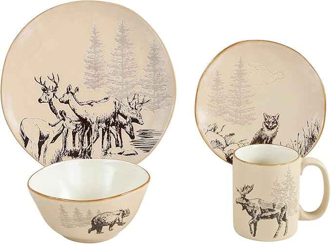 Paseo Road White Pine 16 Piece Ceramic Dinnerware Set, Pine Tree Bear Deer Moose Fox Print, Modern Rustic Cabin Lodge Dish Set with Plates, Bowls, Mugs