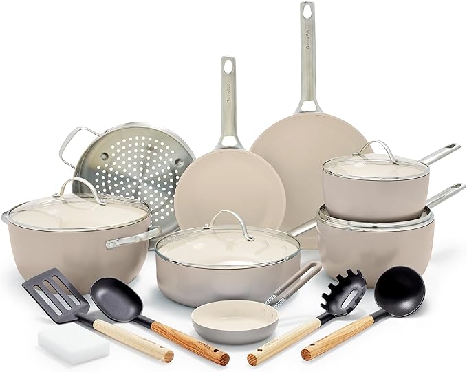 GreenPan Padova Hard Anodized Healthy Ceramic Nonstick 17 Piece Cookware Set, PFAS-Free, Induction, Dishwasher Safe, Oven Safe, Taupe