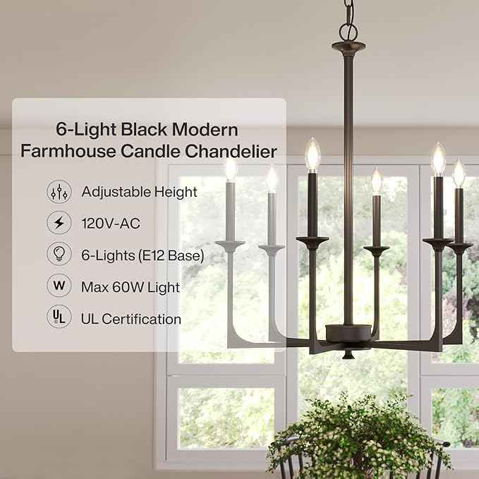 Tribesigns 27" Black Chandelier, 6-Light Chandeliers for Dining Room Lighting Fixtures Hanging, Pendant Light Fixtures Farmhouse Industrial Lighting for Kitchen, Living Room, Bedroom and Entryway
