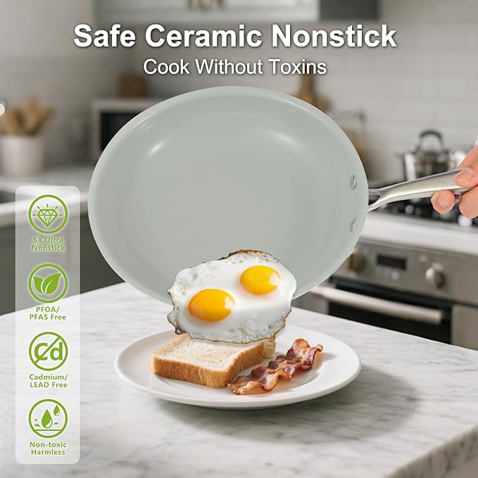 Pots and Pans Set Nonstick, 5-Piece Ceramic Cookware Set, Stainless Steel Handles, Induction Compatible & Oven Safe, Non Toxic Healthy Cooking Set for RV & Apartments, Cream White