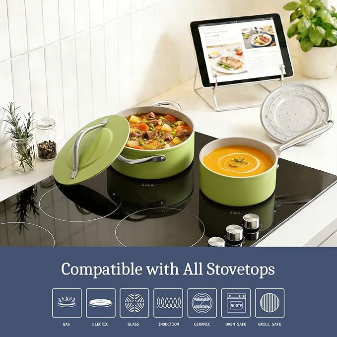 CookinCraze CookinCraze Ceramic Cookware Set, Pots and Pans Set Nonstick with Lid PFAS & PFOA Free, Induction Compatible Oven Safe Up to 500°F Even Heat Distribution, Olive Green