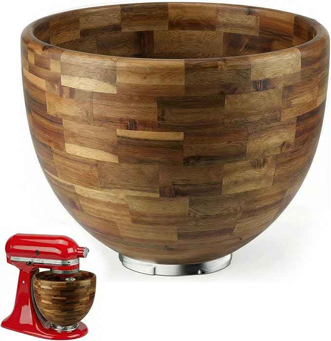 5 Qt Solid Wood Mixing Bowl Compatible with KitchenAid Tilt-Head Stand Mixer, Handcrafted Natural Wooden Bowl for 4.5-5 Qt K45SS KSM75 KSM150, Ideal for Bread Dough & Salads (Light Brown)