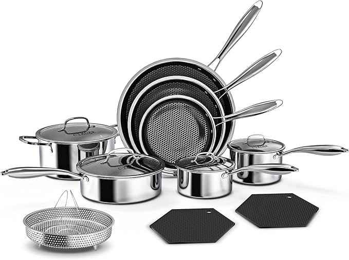 Nonstick Pots and Pans Set, 14 Piece Hybrid Hex Non Stick Stainless Steel Cookware with Frying Pans, Saute Pan, Saucepans & Stock Pot - Induction Compatible, Dishwasher &Oven Safe, PFOA Free