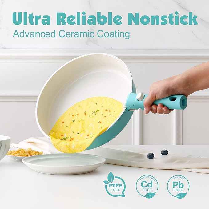SENSARTE 17 Piece Ceramic Pots and Pans Set, Nonstick Detachable Handle Cookware, Induction Kitchen Cookware Set with Removable Handle, Dishwasher ＆ Oven Safe (Turquoise)