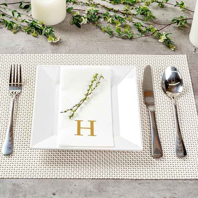 Luxenap 15.8 X 7.9 Inch Linen-Feel Guest Towels, 50 Lettered Hand Towels - Gold Letter 'H', Sans Serif Font, White Paper Dinner Napkins, airlaid, For Restrooms And Tables - Restaurantware